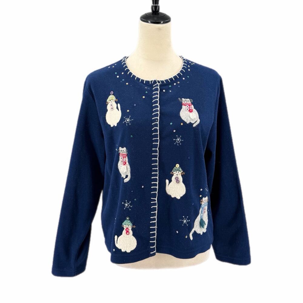 Vintage Susan Bristol 2001 Y2K Snowman Cat Winter Embroidered Cardigan Jacket